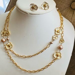 Tory Burch Gold Floral Double-Layer Necklace with Ivory Flowers and Pink Pearls